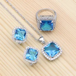 Silver 925 Jewelry Kits For Women Engagement Gift White Crystal Sky Blue Cubic Zirconia Earrings/Pendant/Necklace/Ring Set