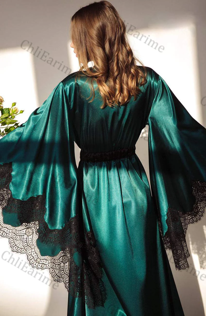 Women's Luxury Long Silk Boudoir Satin Robe Lace Robe with Floor Length Long Kimono Robe