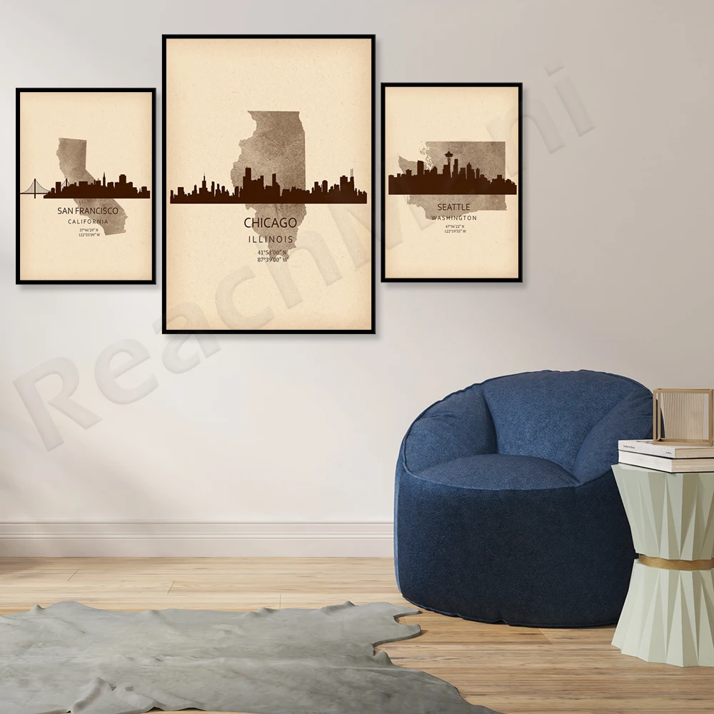 Amerykańska sztuka retro Chicago skyline San Francisco Seattle skyline dekoracje ścienne sztuka żeglarska parapetówkę prezenty biuro wal