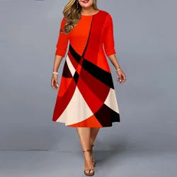 Plus Size Dress 2022 Elegant Geometric Print Party Dress Autumn Ladies A-Line Red Midi Evening Club Outfits 5XL