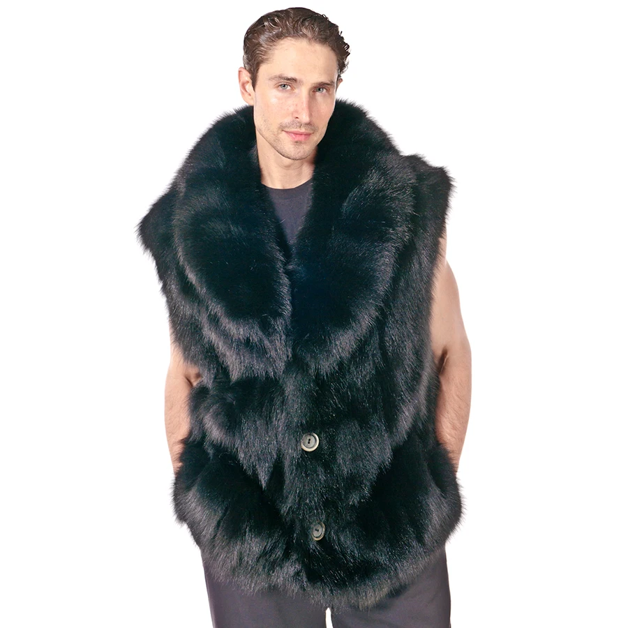 

Men's Natural Fox Fur Vest Winter Warm Black Fur Coat With Turn Down Collar Fashion Waistcoat New Arrivals
