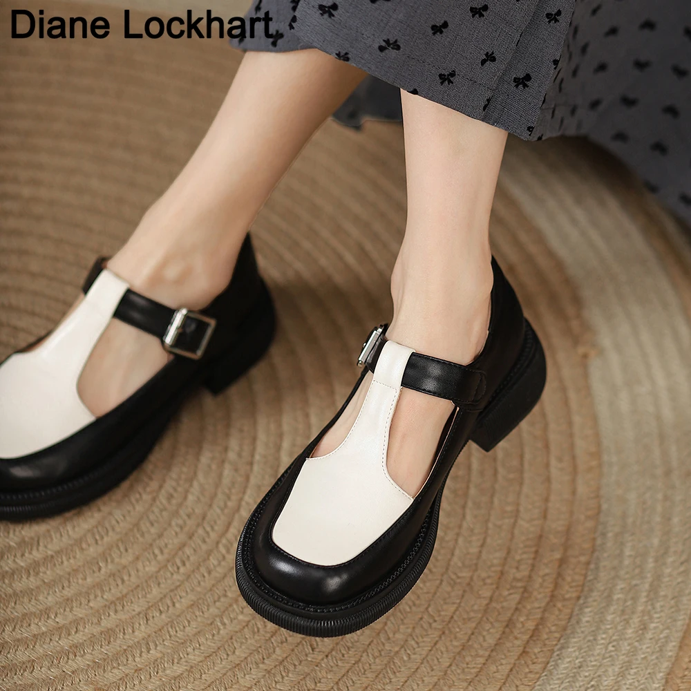 

Весенние женские туфли на низком каблуке, женские разноцветные Т-образные туфли Мэри Джейн для девочек, универсальные туфли-лодочки на массивном каблуке с квадратным носком, повседневные мокасины