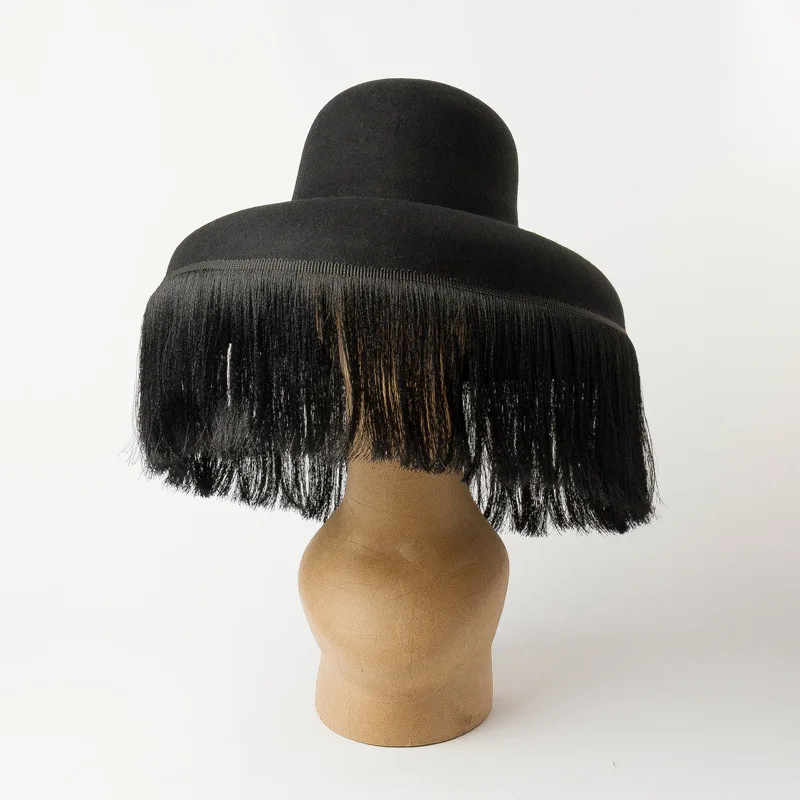 Fashion Black Hat Quality Autumn And Winter New Dome Cap With Fringed Fedora Hat Retro Personality Bucket Hat Custom Style Cape