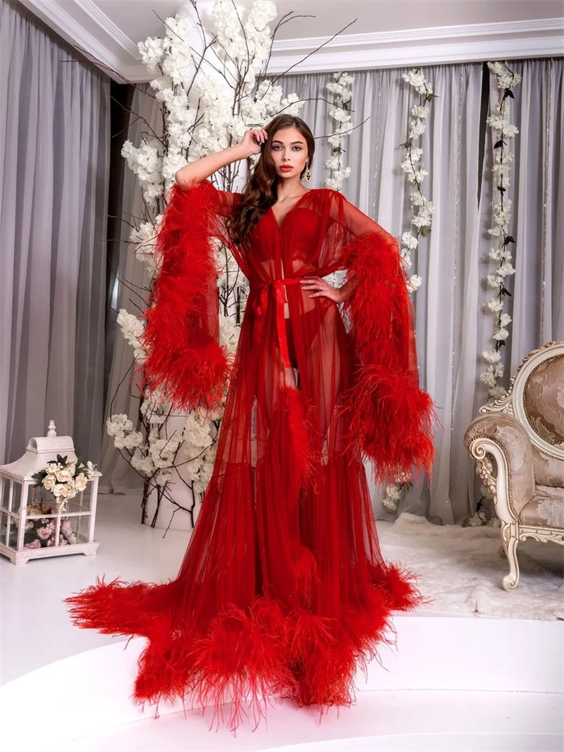 Ropa de dormir de lujo de plumas de tul rojo, vestido de maternidad para fiesta de embarazada, hecho a medida, fiesta de noche