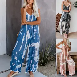 Women Sleeveless Rompers Tie-dye Beach Boho Casual Jumpsuit 2021 Summer Vacation High Street Romper Overalls Wide Leg Playsuits