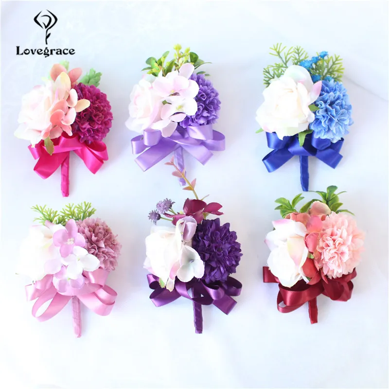 ปลอม Rose ดอกไม้ Corsages สร้อยข้อมือเพื่อนเจ้าสาวเจ้าบ่าว Boutonniere Corsages Man แต่งงาน Corsage สร้อยข้อมือดอกไม้