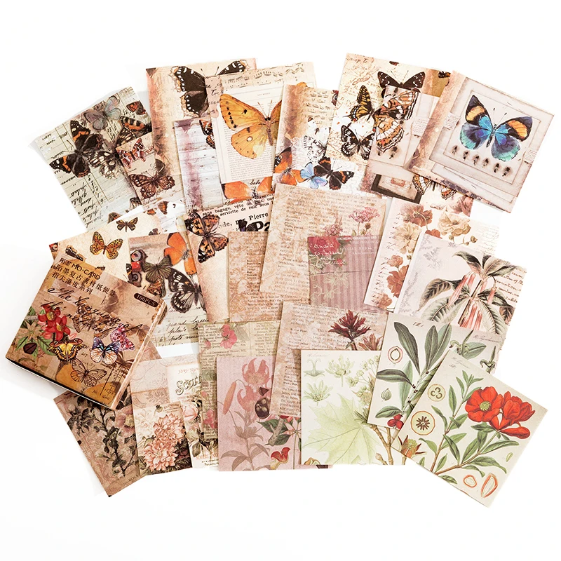 Yoofun 100pcs/pack Vintage Memo Pads Retro Flower Butterfly Material Paper for Scrapbooking Journal Diary Decoration Collage DIY