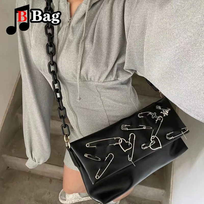 Y2K Gothic Women Girls punk pin Acrylic chain shoulder Bags Handbags Harajuku Female Hip hop Rock PU Leather messenger Bag totes