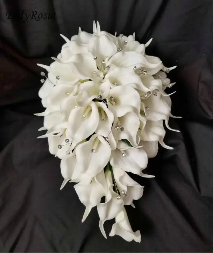 EillyRosia – Bouquet de mariée en cascade blanche, fleurs de mariage, Cala Lily, tropicale, goutte d'eau, avec strass, toucher réel