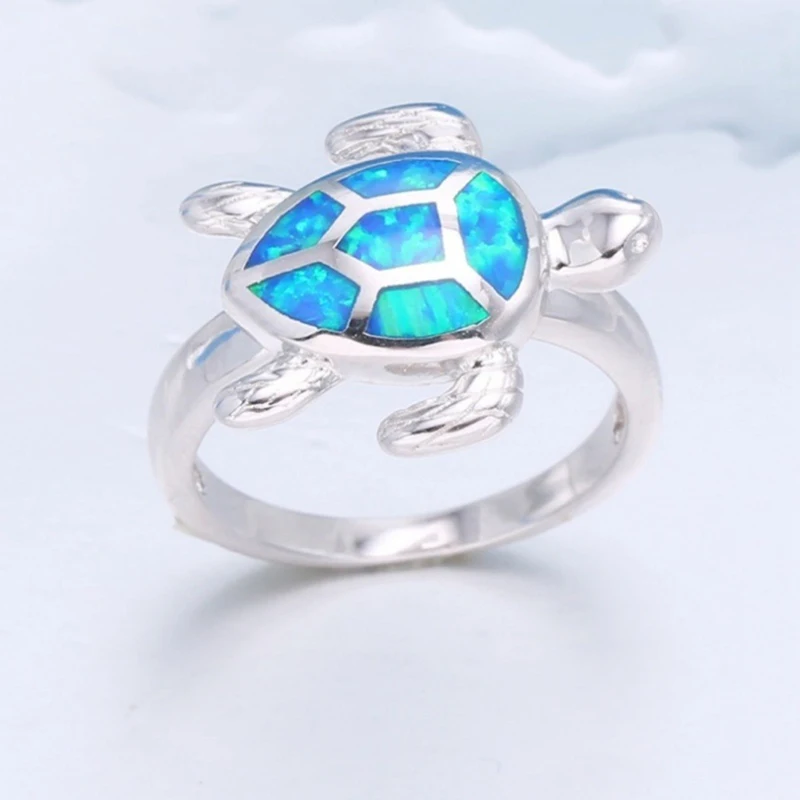 Cute Turtle Imitation Blue Fire Opal Animal Ring For Women Accessories Fashion Jewelry Lady Wedding Party Ring Girl Gift