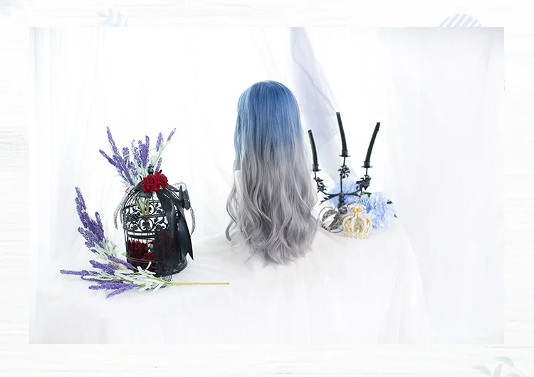 Peluca con flequillo rizado para mujer, pelo largo ondulado azul y gris, estilo Cosplay de Lolita para fiesta