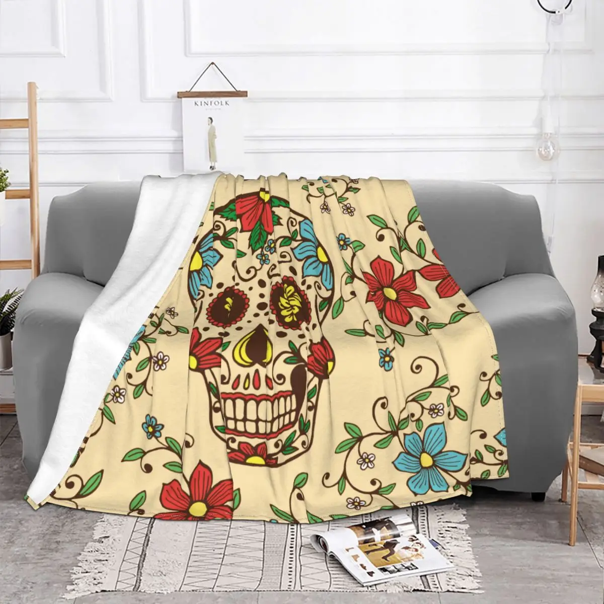 Sugar Skull Floral Fleece Blanket Day of The Dead Halloween Fashion Throw Blankets for Bed Sofa Couch 200x150cm Plush Thin Quilt