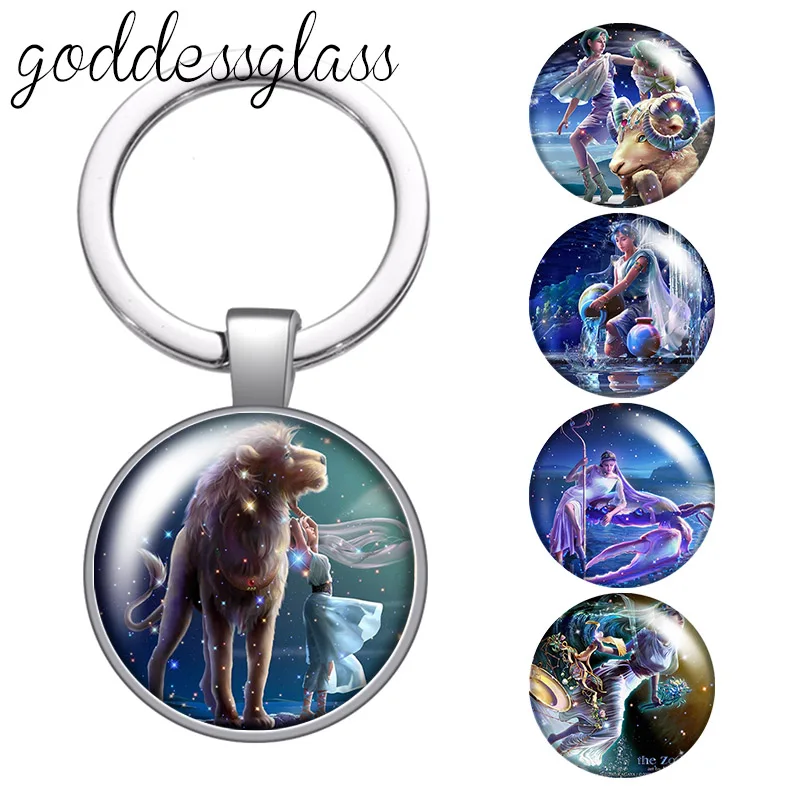 12 constellations Animals Zodiac Signs round glass cabochon keychain Bag Car key chain Ring Holder Charms keychains Gifts