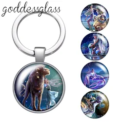 12 constellations Animals Zodiac Signs round glass cabochon keychain Bag Car key chain Ring Holder Charms keychains Gifts