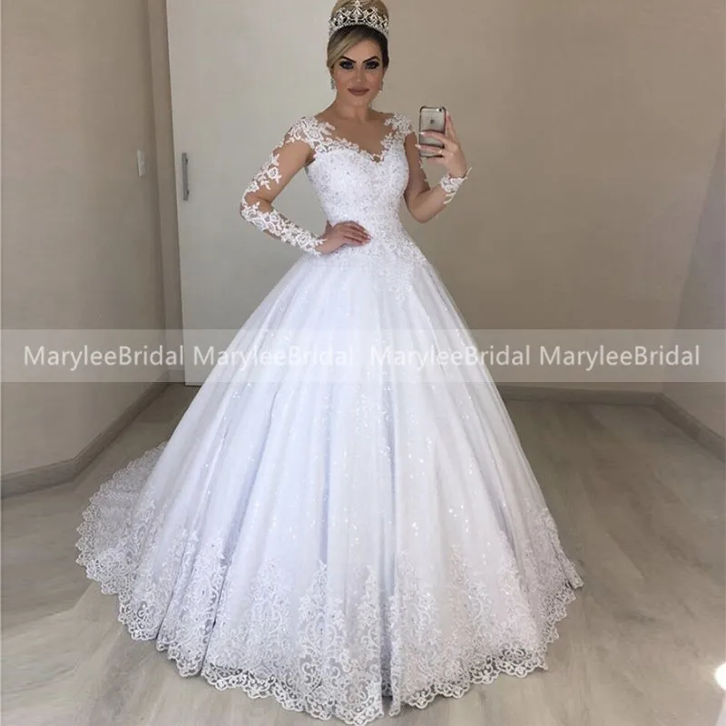 Vestido De novia con purpurina y cuello redondo, traje De princesa De manga larga, color blanco brillante