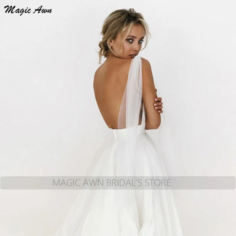 Magic Awn-Vestidos De Novia De playa blancos para mujer, ilusión De espalda abierta, Vestidos De Novia bohemios simples con tirantes