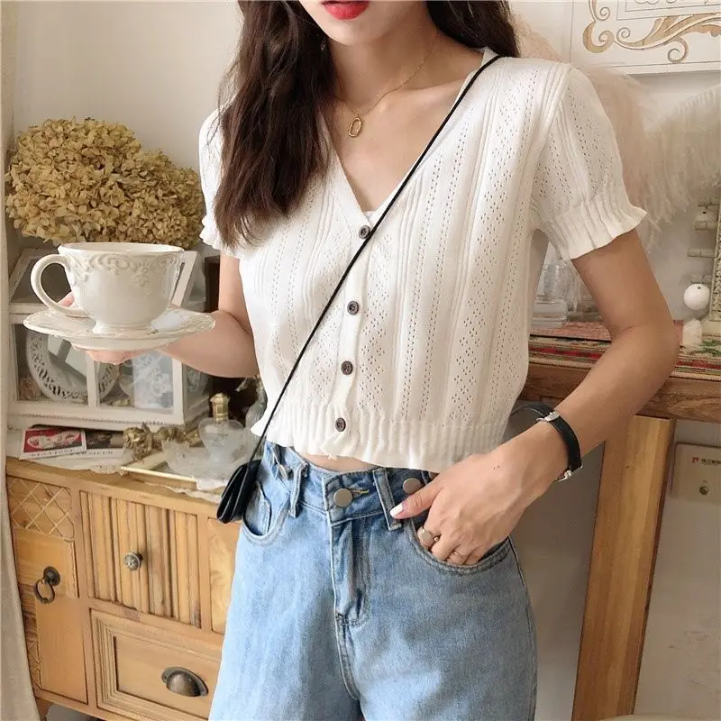 T-shirts Women Summer New Korean Style All-match Sexy V-neck Hollow Out Crop Tops Slim Shorts Sleeve Knitted Bodycon Solid Chic