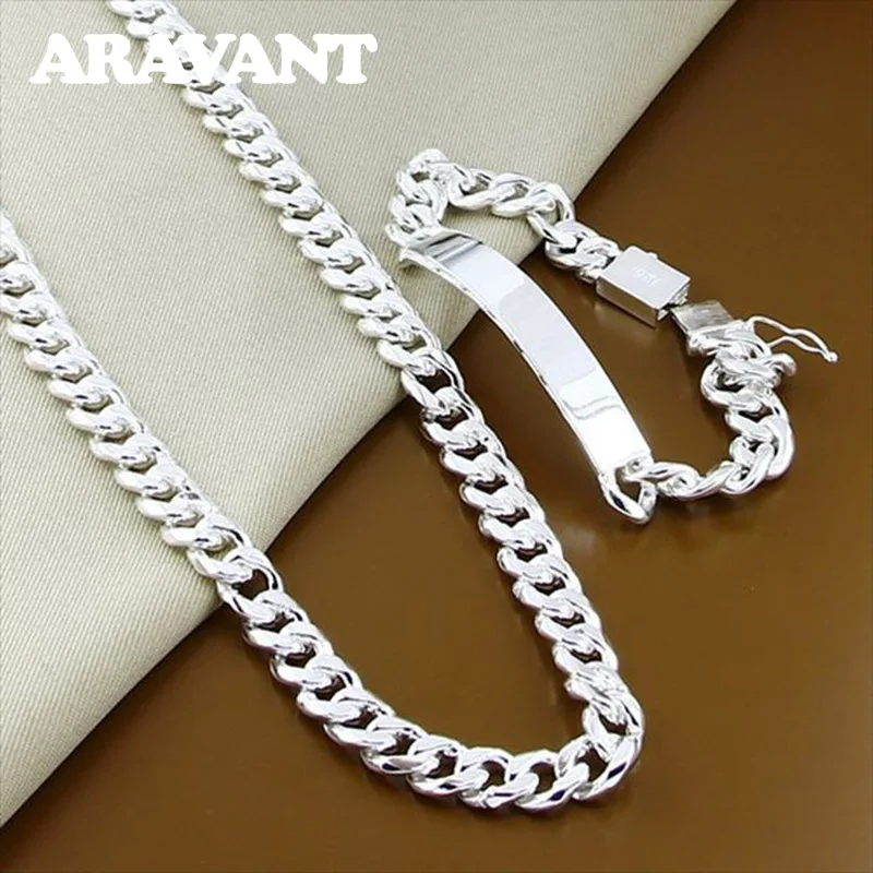 Aravant 925 Silver 10MM Flat Link Chain Necklaces Bracelet Chains Set For Men Women Wedding Jewelry