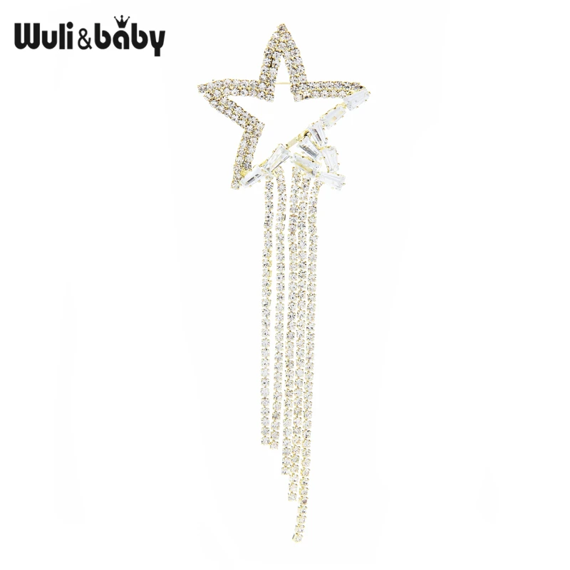 Wuli&baby Sparkling Star Zircon Tassel Brooches Women Luxury Event Party Jewelry Brooch Pins New Year Gift 2021 Designer Badge