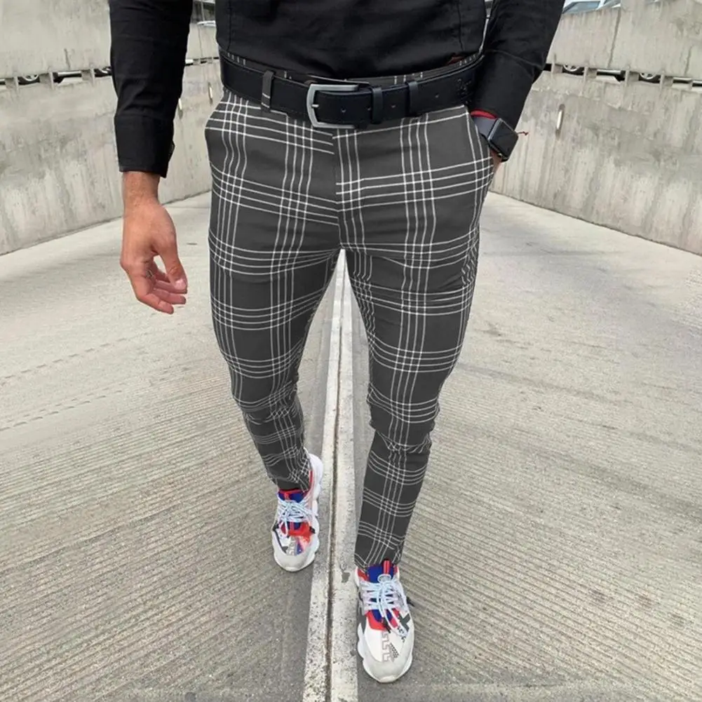 Business Pants Jogging Fitness Gym Workout Sport Pants Outdoor Plaid Button Fly Men Slim Fit Mid Rise Trousers for Dating Pants