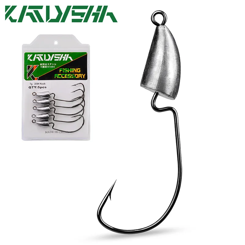 

KATYUSHA 5Pcs Offset Worm Hooks 5g-7g-10g-14g Bullet Head Fishhooks Jig Head Weedless Fishing Hooks for Carp Fishing Tackle