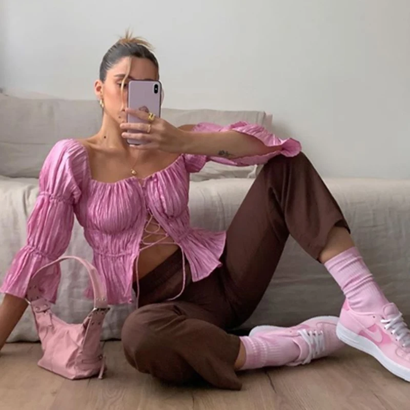 Puff Sleeve Square Neck Crop Top Tshirt Women Shirt 2021 Spring Lace Up Elastic Work Out T Shirt Pink Vintage Clothing Mujer