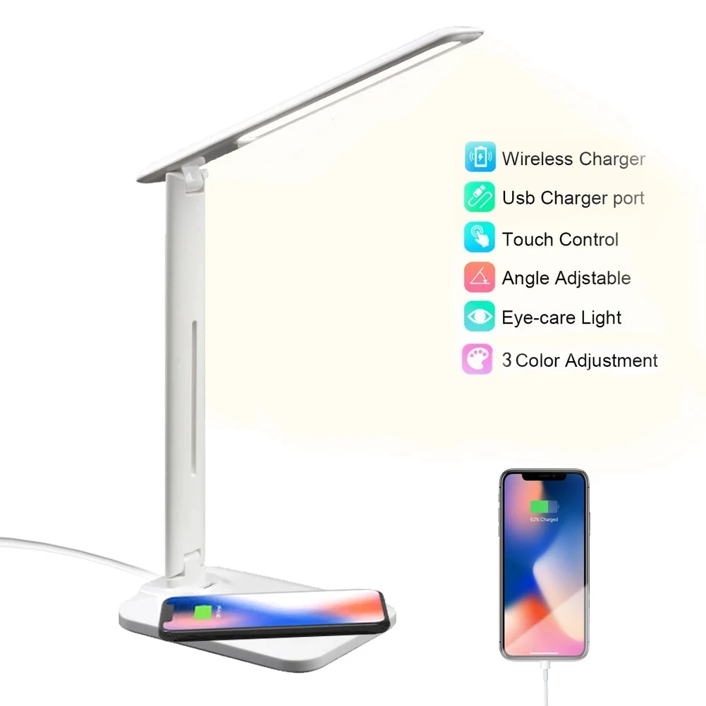 

10W Qi Wireless 2in1 Fast Charging Wireless Charger with LED Desk Lamp Multi-Function Table Lamp Adjustment Folding Home Light