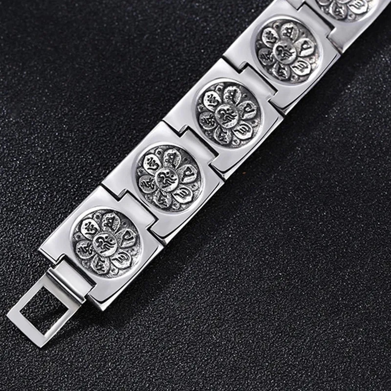 BOCAI New 100% S925 Silver Man Bracelet Individual Ethnic Style six-Character Mantra Vajra wide Version Vintage Tank Chain