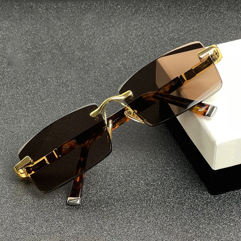 Vazrobe Glass Sunglasses Male Ladies Rimless Sun Glasses for Men Brown Stone Lens Anti Scratch Brand Designer Vintage Eyewear