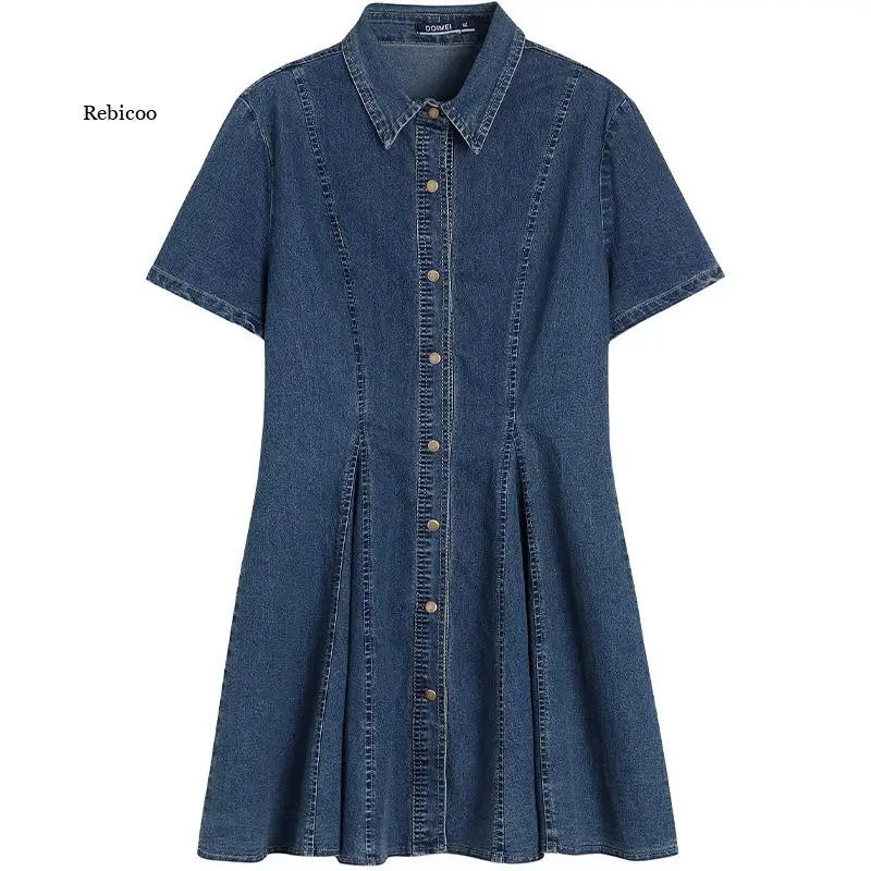 Ladies Jeans Dress Summer Women Short Sleeve A Line Pleated Mini Denim Dress Female Vintage  3XL Vestidos Mujer