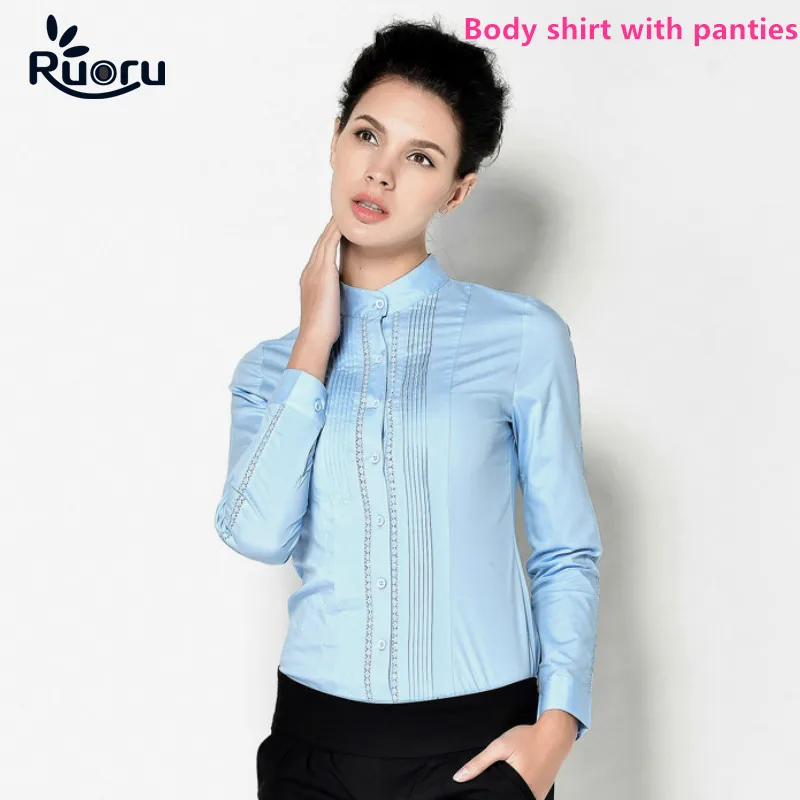 

Ruoru Solid White Blue Color Long Sleeve Bodysuit Women Office Lady Business Work Tops And Blouses Female Lace Tops