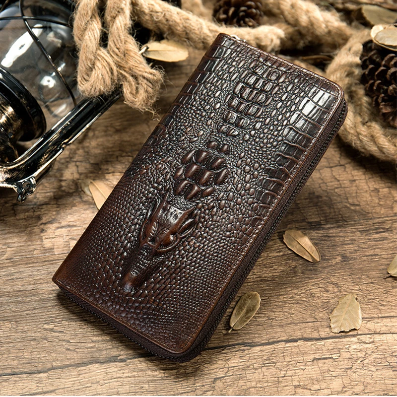 

Fashion Embossed 3D Alligator Genuine Leather Long Wallet Men's Clutch Wallets with Zipper Handy Long Male Wallet Card Holder