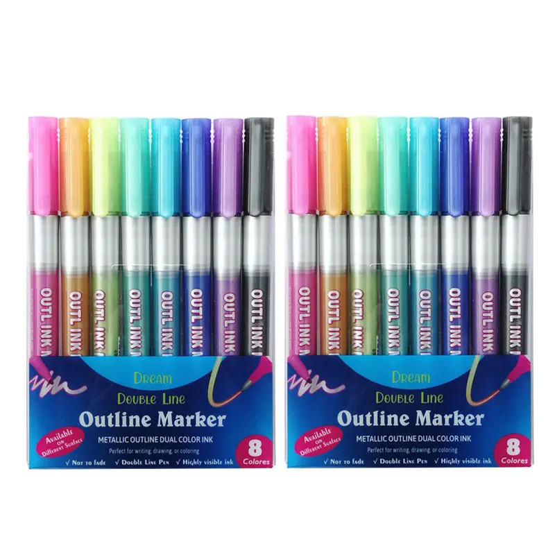 12-farbiges Farbmarkierungsstift-Set aus Metall, Doppellinien-Stift, Umrissmarker, Glitzer zum Zeichnen, Malen, Kritzeln, Schulbedarf