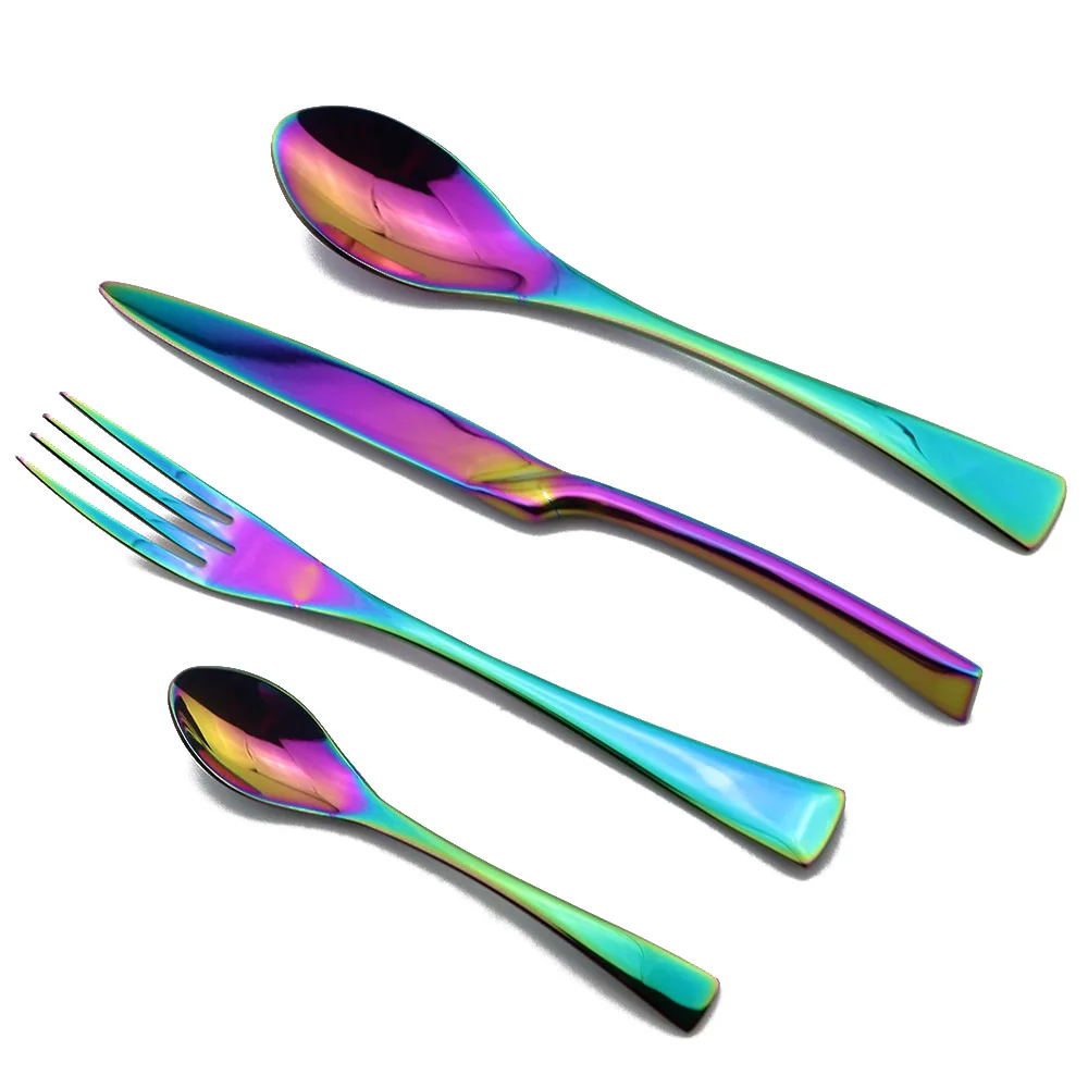 4Pcs/set Rainbow Stainless Steel Dinnerware Polishing Cutlery Set Kitchen Tableware Fork Steak Knife TeaSpoon Dinner Set