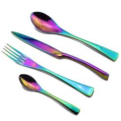 4Pcs/set Rainbow Stainless Steel Dinnerware Polishing Cutlery Set Kitchen Tableware Fork Steak Knife TeaSpoon Dinner Set