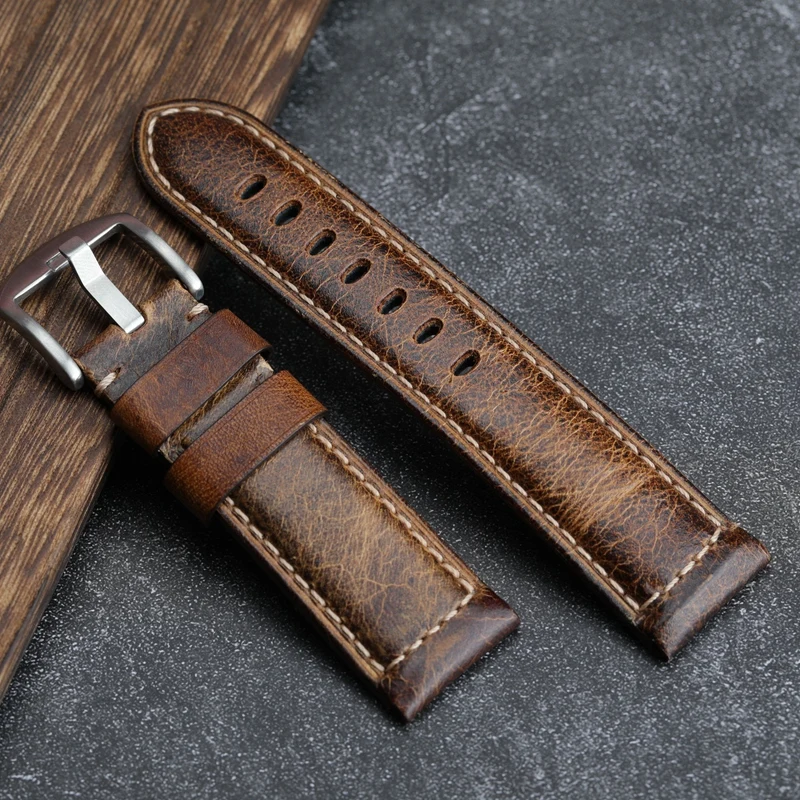 Hand-Made Leather Watchband Suitable For PAM111 441 Italian Top Layer Leather Strap, Oil Wax Leather 20 22 24 26MM Male Strap