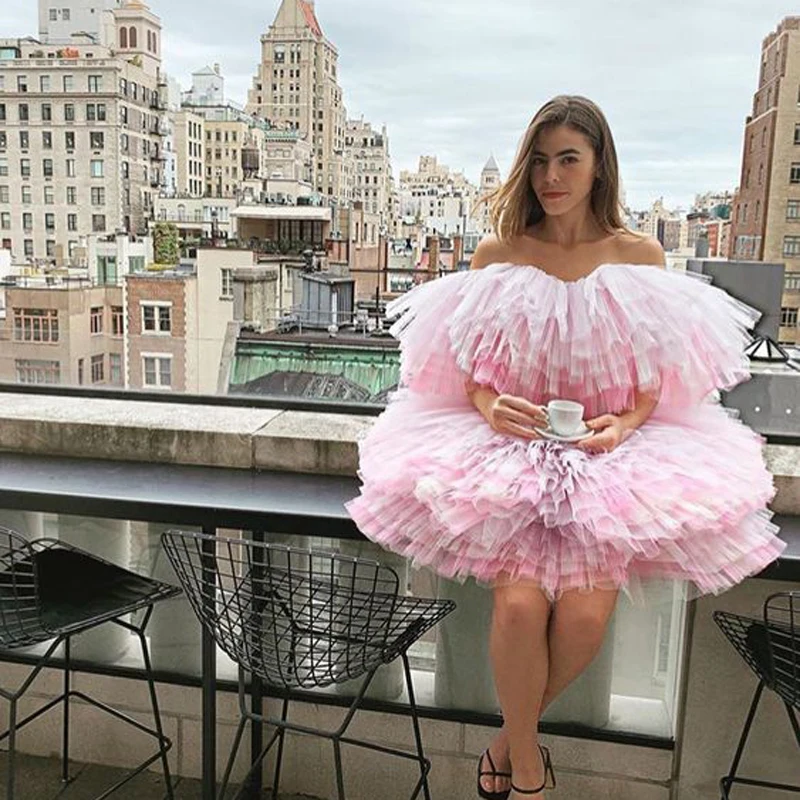 Blush Pink Tulle Dresses For Birthday Photo Shoot Off The Shoulder Extra Puffy Party Gown Tiered Hald Sleeves Mini Ruffles Robes