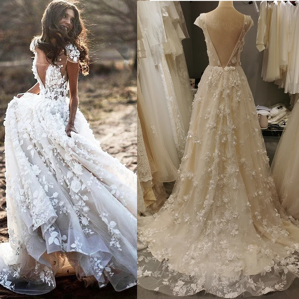 Robe de mariée princesse florale avec col en V, robe dos nu champagne, robe de patients, image réelle, fleurs 3D perlées de luxe, prix d'usine