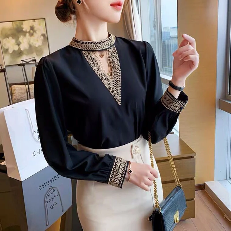 Vintage Embroidery Satin Blouse Women Sexy V neck Office Ladies Shirts Casual Long sleeve Spring Autumn Party Tops Mujer