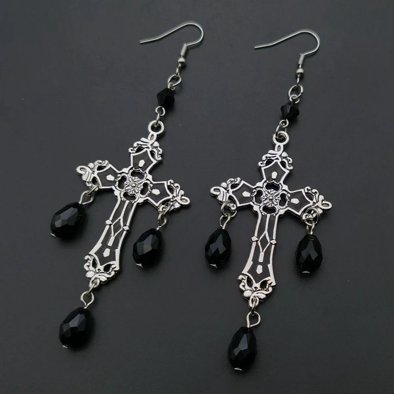 Gothic Black Cross Garnet and Crystal Chandelier Earrings Large Statement Trad Goth Witchy Jewelry Fashion Women Gift Medieval