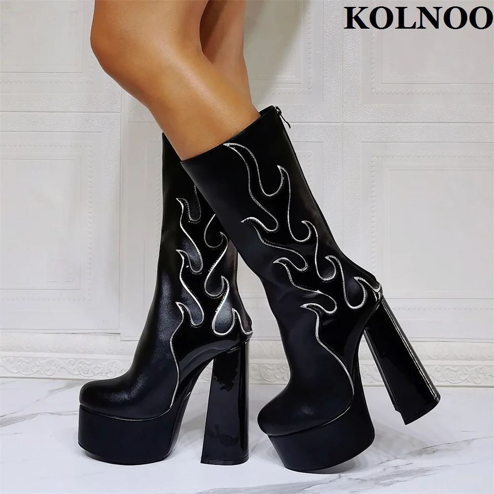 

Kolnoo New Handmade Ladies Thick Heel Boots Real Pictures Xmas Party Prom Mid-calf Boots Evening Night-Club Fashion Black Shoes