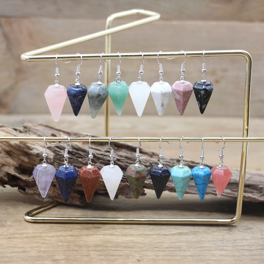 Natural Stone Cone Hook Earring Healing Crystal Quartz Pyramid Drop Women Gift Dangle Earring Reiki Labradorite Jewelry QC7002