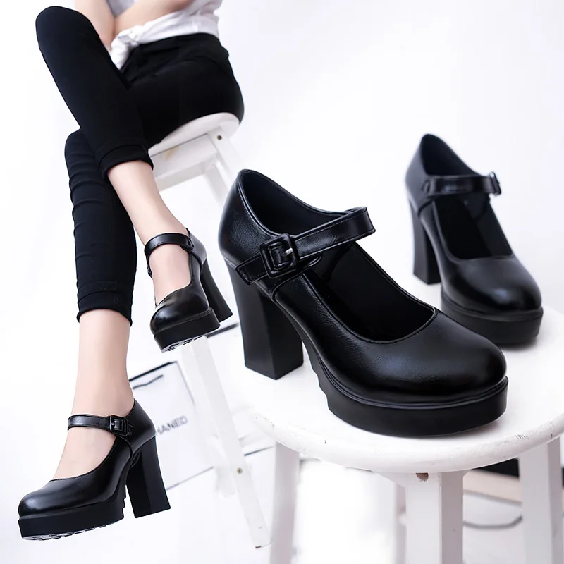 New Arrival Women Classic Pumps Shoes Spring Summer Black Leather Mary Jane Heels Fashion Buckle Platform Shoes Womans98