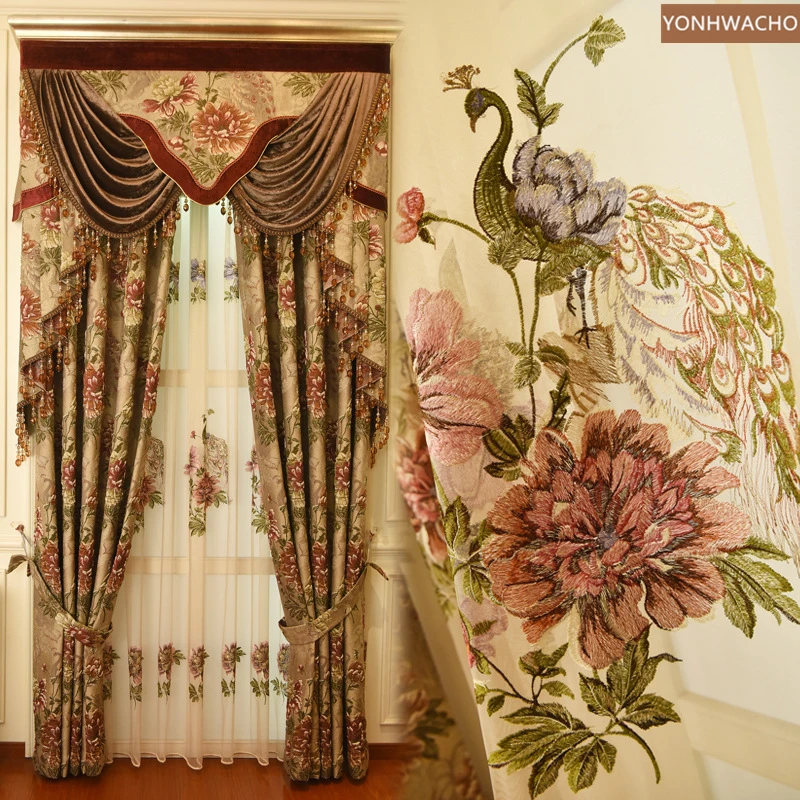 

Custom curtain high-grade villa high-precision relief jacquard coffee cloth blackout curtain valance tulle panel C270