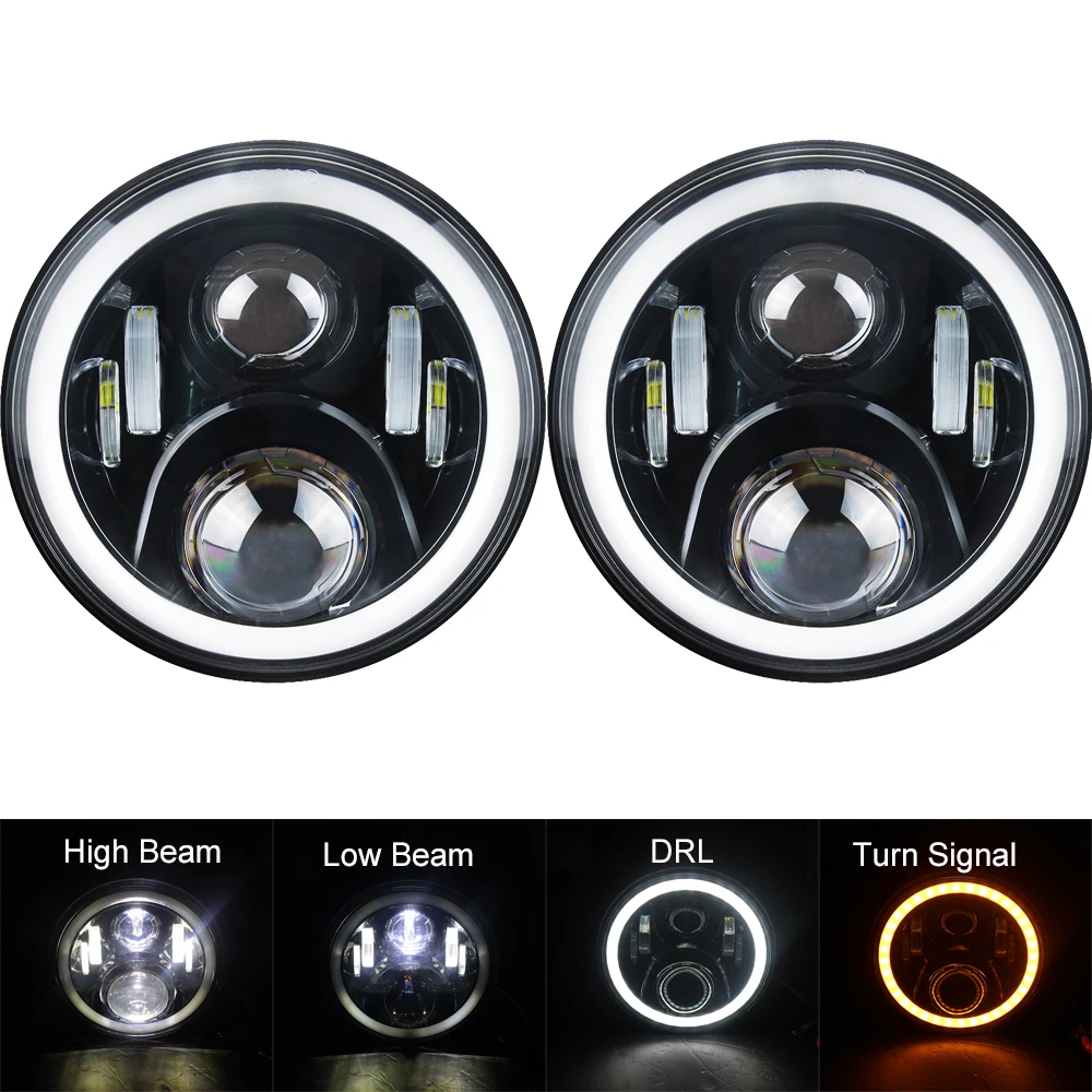 LED Round Headlight 7 inch 2PCS  E-MARK Approved 6000K Hi/lo Beam lamp Halo for Jeep Wrangler JK TJ LJ Harley-Bike