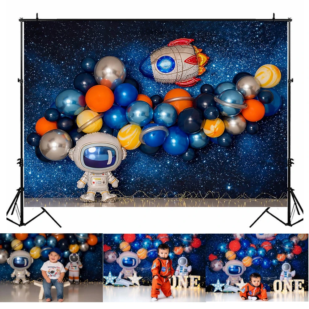 

MOCSICKA Space Themed Photography Backdrop Astronaut 1st Birthday Party Decor Kid Boy Cake Smash Background for Photo Studio