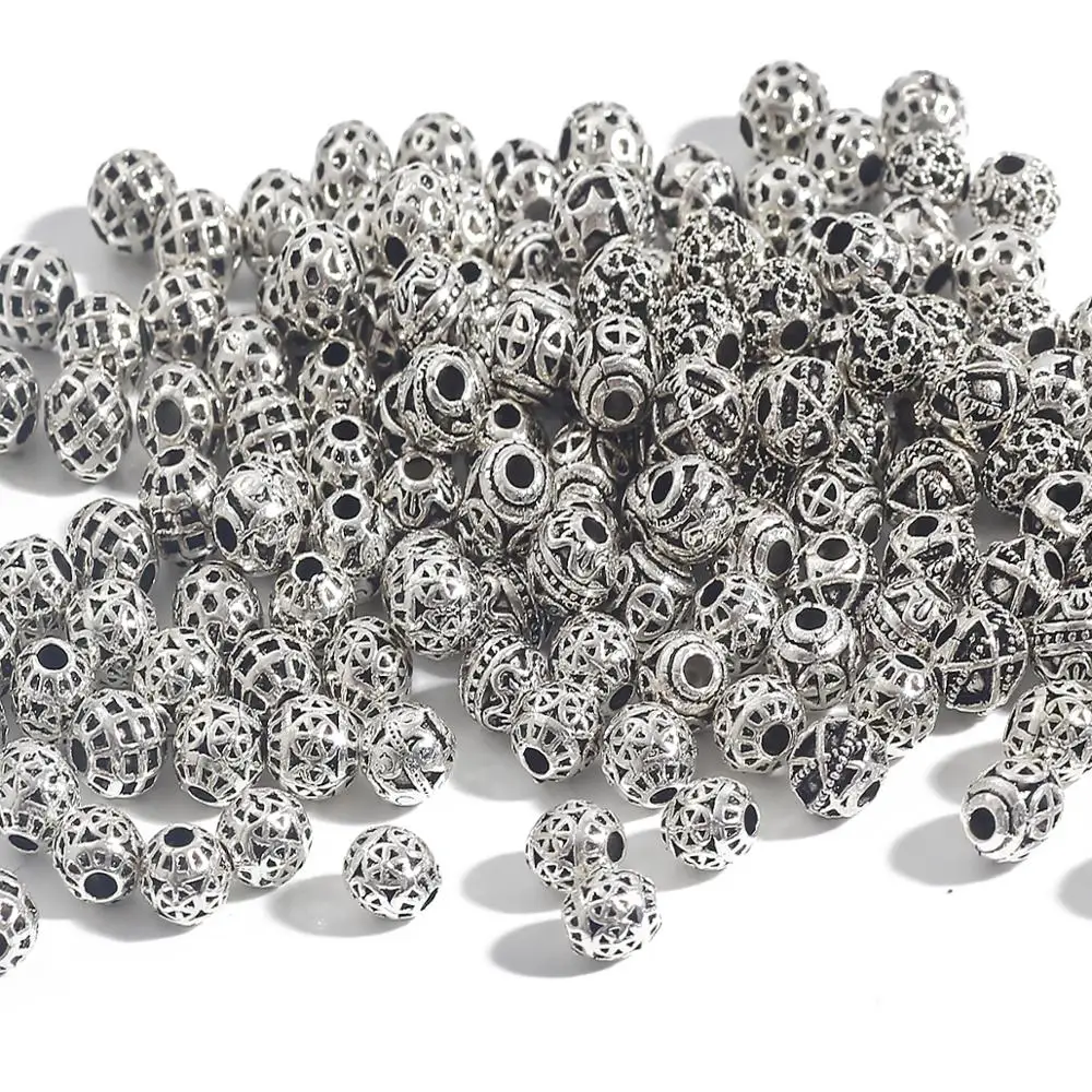 20pcs 6mm Tibetan Antique Silver Plated Metal Spacer Beads Hollow Loose Beads For Jewelry Making DIY Bracelet Nekclace