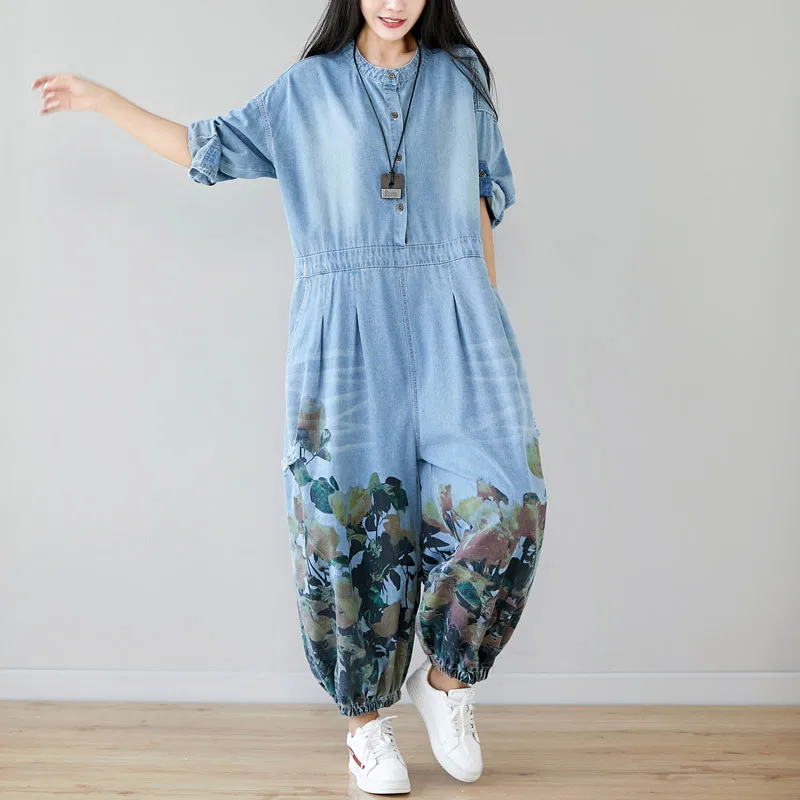 2022 Women Floral Jeans Vintage Denim Jumpsuit Long Sleeve Overall Baggy Bib Pants Female Loose Romper Autumn Streetwear