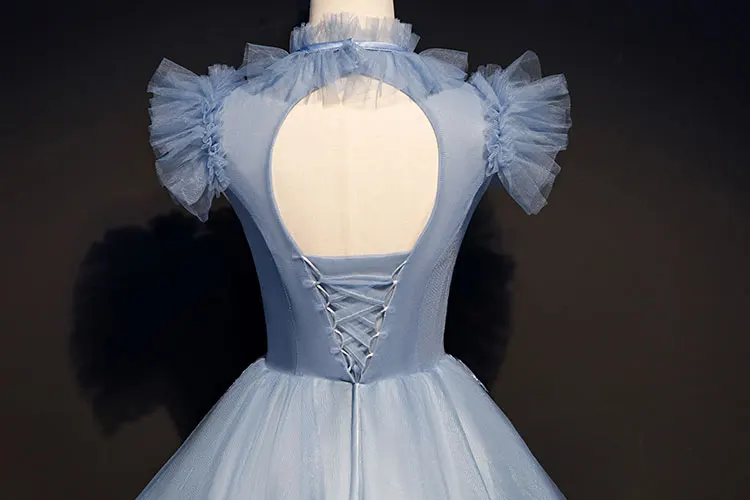 light blue stand collar bowtie ruffled sleeve embroidery tutu short ball gown dress stage performance/fairy short cosplay dress