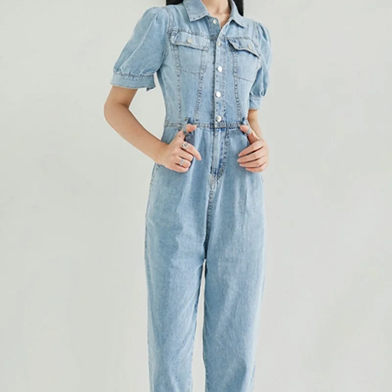 

Jumpsuits Denim Womens Summer New Playsuit Elegant Fashion Casual Solid Turn-Down Collar Female Overalls Korean Style 2022